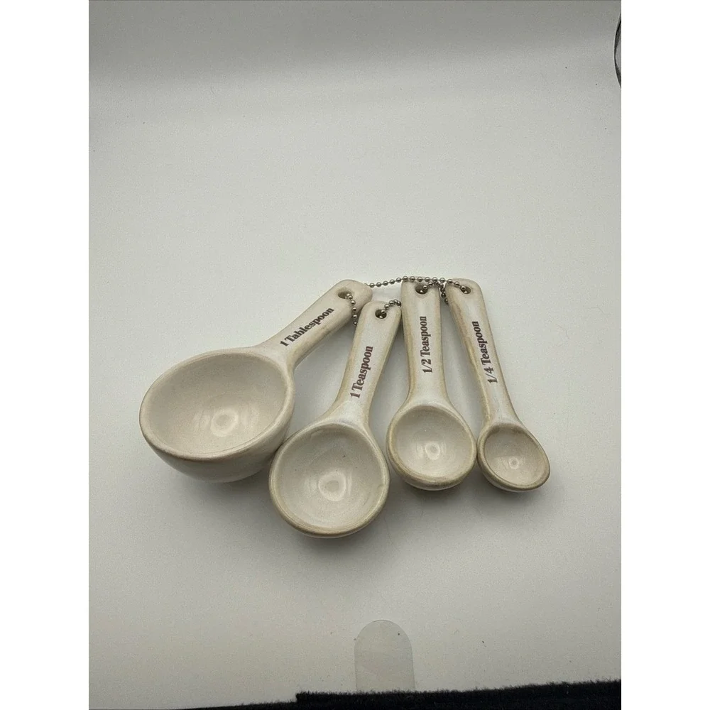 Vintage Farmhouse Ceramic Measuring Spoons Set 4 Piece Cream Stoneware Rustic